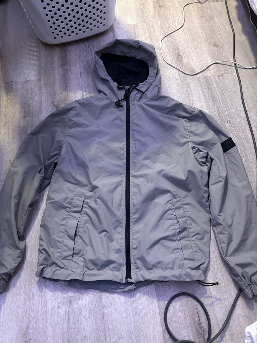 H&M Men's Hooded Windbreaker Jacket - Light Gray with Black Trim
